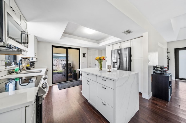 kitchen featuring appliances with stainless steel finishes, a raised ceiling, white cabinets, and dark wood finished floors