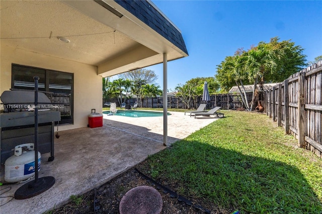 view of yard with a fenced backyard and a patio