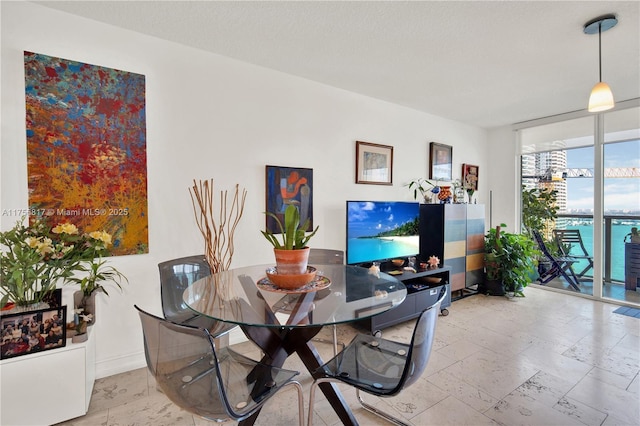 dining space featuring expansive windows, a textured ceiling, and baseboards