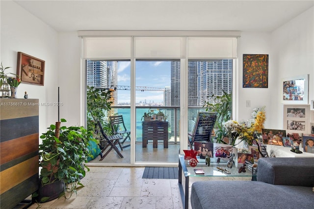 living room featuring a wall of windows and a water view