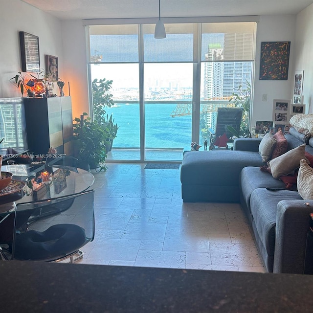 living room with expansive windows and stone tile floors