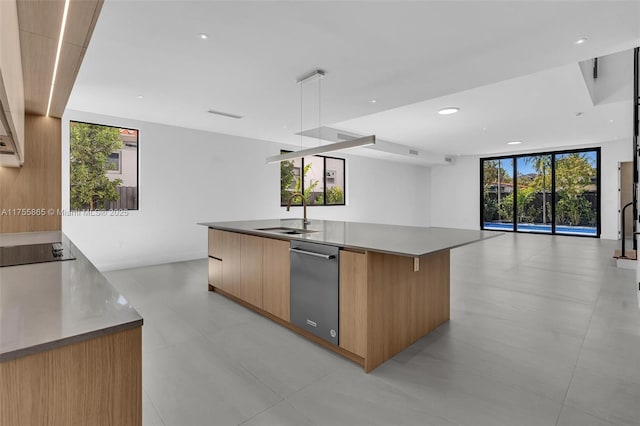 kitchen with black electric stovetop, a sink, open floor plan, dishwasher, and modern cabinets