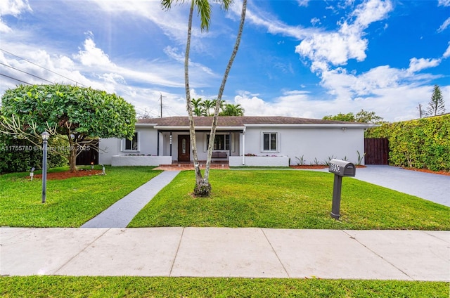 single story home featuring covered porch, a front yard, fence, and stucco siding