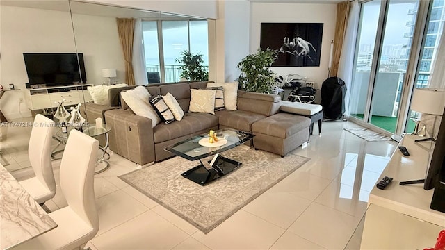 tiled living room featuring a wealth of natural light