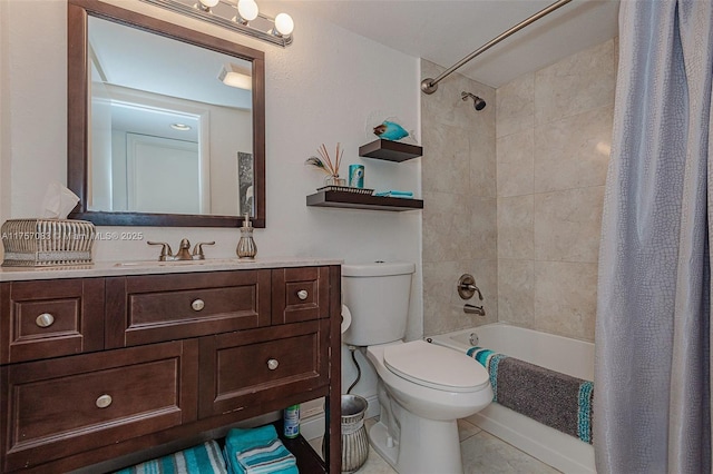 full bathroom with shower / tub combo, tile patterned flooring, vanity, and toilet