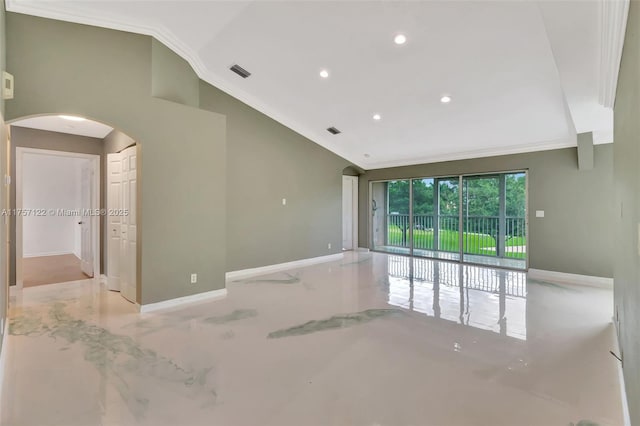 empty room with arched walkways, marble finish floor, crown molding, visible vents, and baseboards