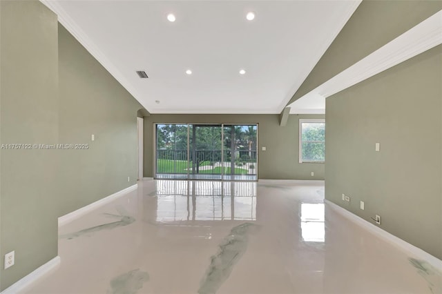 empty room with recessed lighting, visible vents, baseboards, vaulted ceiling, and ornamental molding