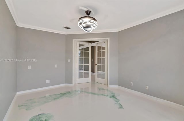 unfurnished room with baseboards, visible vents, french doors, and ornamental molding