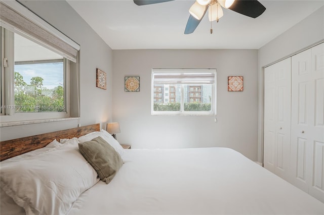 bedroom featuring multiple windows, a closet, and a ceiling fan