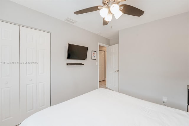 bedroom featuring a closet, visible vents, and ceiling fan