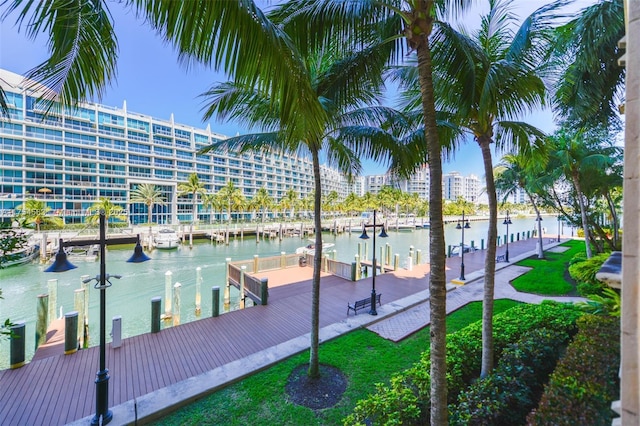 view of dock with a water view