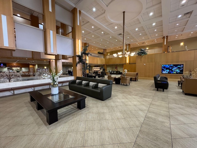 310 Preston H Unit 310, Boca Raton, FL 33434 - lobby with a high ceiling, coffered ceiling, beam ceiling, and recessed lighting