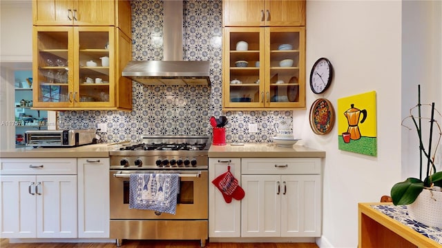 kitchen featuring wall chimney range hood, a toaster, decorative backsplash, and stainless steel stove