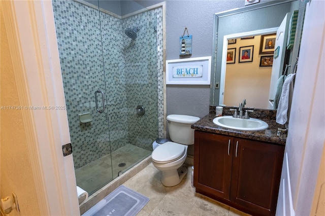 15333 SW 184th St, Miami, FL 33187 - bathroom with a textured wall, tile patterned flooring, toilet, vanity, and a shower stall
