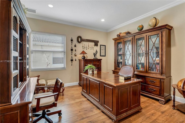 19239 SW 54th St, Miramar, FL 33029 - home office with crown molding, light wood-type flooring, baseboards, and recessed lighting