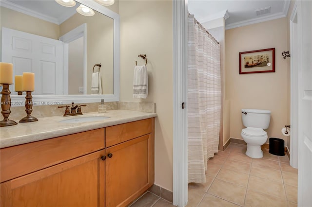 full bath with tile patterned floors, vanity, toilet, and crown molding