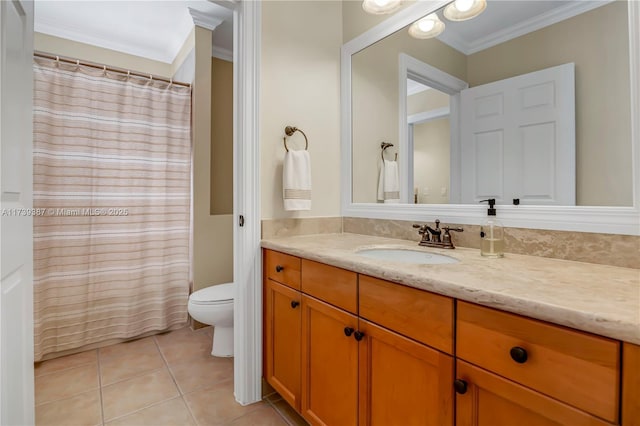 full bath with vanity, a shower with shower curtain, crown molding, toilet, and tile patterned floors