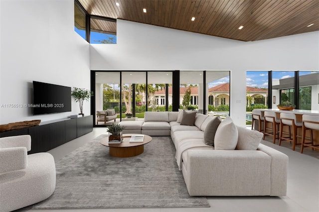6991 SW 91st St, Pinecrest, FL 33156 - living room featuring recessed lighting, a high ceiling, and wood ceiling
