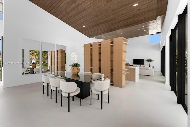 6991 SW 91st St, Pinecrest, FL 33156 - dining room featuring wood ceiling, a towering ceiling, and recessed lighting