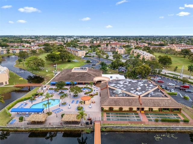 aerial view featuring a water view