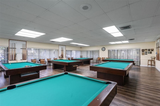 recreation room featuring wood finished floors, a paneled ceiling, billiards, and visible vents