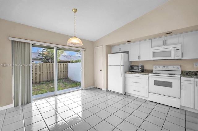 kitchen with pendant lighting, light tile patterned flooring, vaulted ceiling, white cabinets, and white appliances