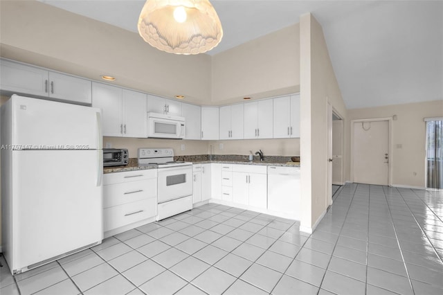 kitchen featuring light stone countertops, white appliances, white cabinetry, and light tile patterned floors