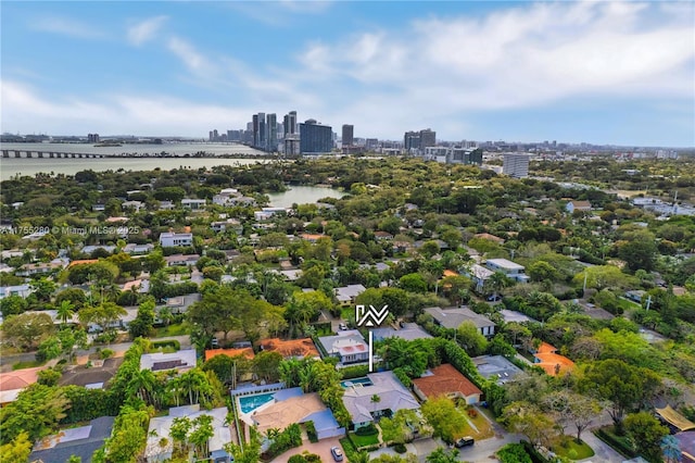 aerial view featuring a water view and a city view