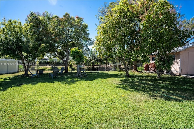 view of yard featuring an outdoor structure, a fenced backyard, and a shed