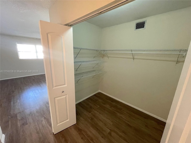 spacious closet featuring dark wood-style floors and visible vents