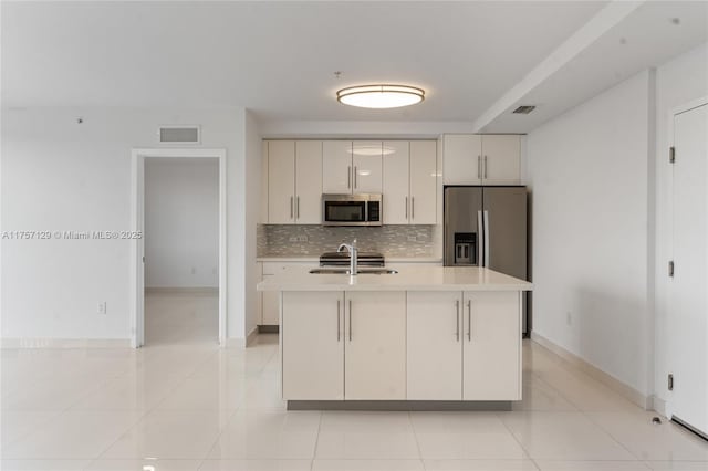 kitchen with stainless steel appliances, a sink, visible vents, light countertops, and backsplash