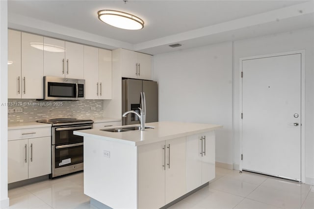 kitchen with visible vents, appliances with stainless steel finishes, a sink, light countertops, and backsplash