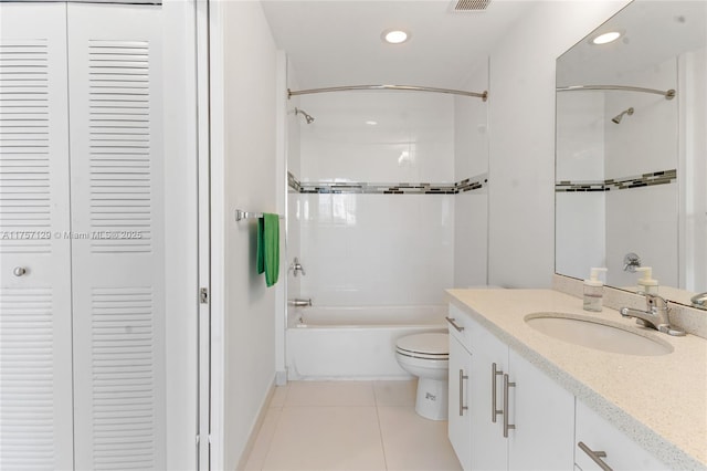 full bathroom featuring toilet, vanity, tile patterned flooring, shower / bathtub combination, and a closet