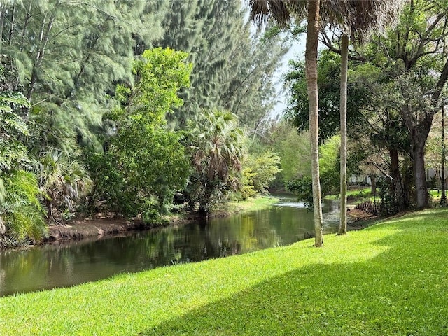 view of yard featuring a forest view and a water view