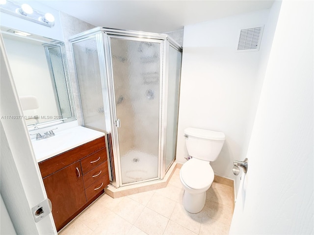 bathroom featuring tile patterned floors, visible vents, toilet, a stall shower, and vanity