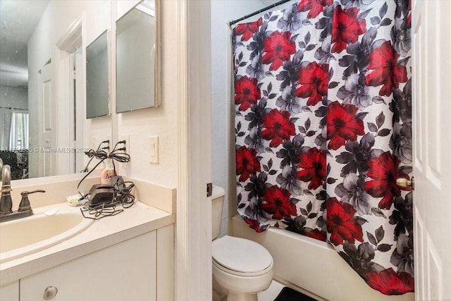 bathroom with toilet, shower / bathtub combination with curtain, and vanity