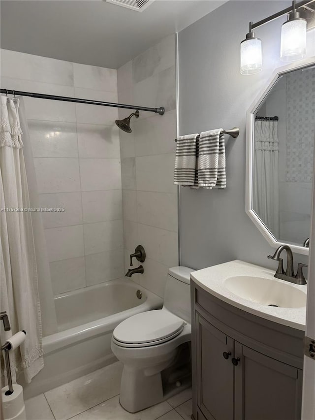 bathroom with shower / tub combo with curtain, toilet, tile patterned floors, and vanity