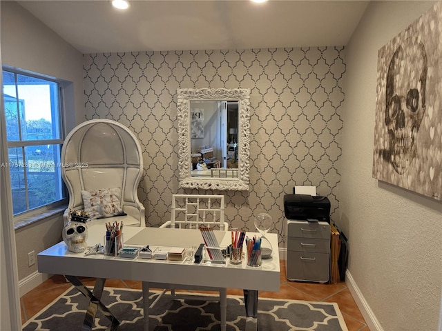 tiled home office with baseboards and wallpapered walls
