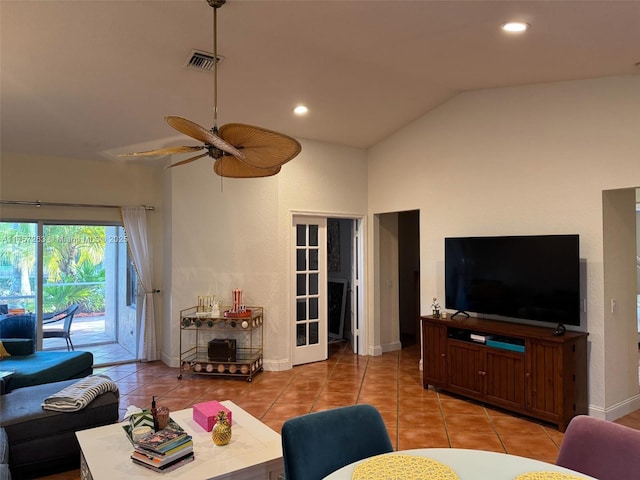 living area featuring lofted ceiling, recessed lighting, light tile patterned floors, visible vents, and a ceiling fan