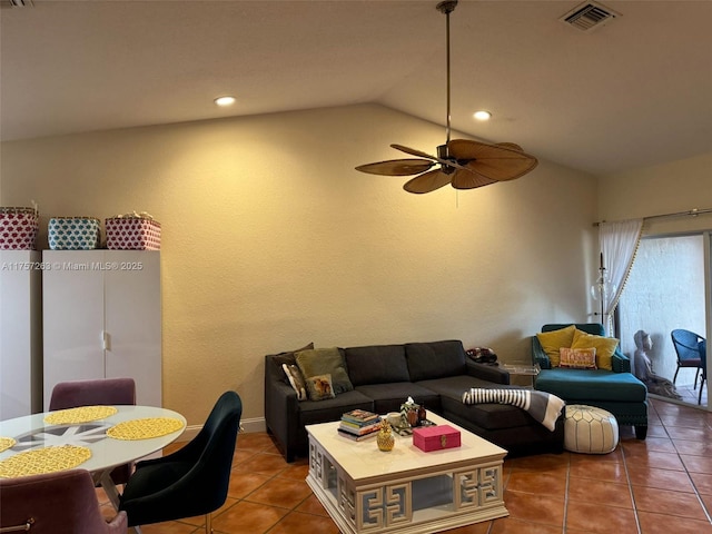 living area with tile patterned flooring, lofted ceiling, recessed lighting, ceiling fan, and visible vents
