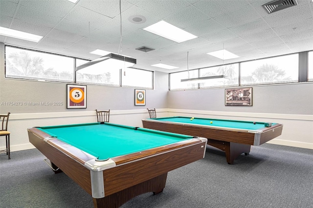 recreation room with pool table, visible vents, a paneled ceiling, and carpet flooring