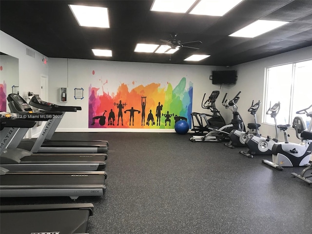 gym with ceiling fan and visible vents