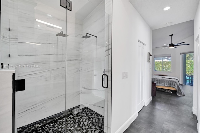 full bathroom featuring a marble finish shower, baseboards, connected bathroom, and recessed lighting