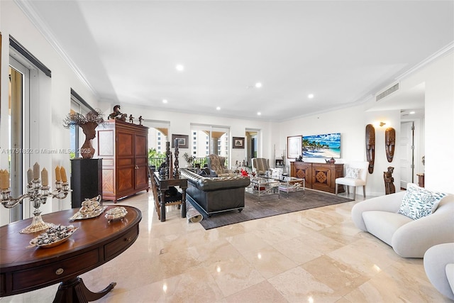 living room featuring visible vents, arched walkways, ornamental molding, marble finish floor, and recessed lighting