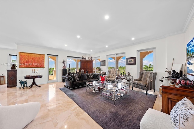 living area with ornamental molding, recessed lighting, marble finish floor, and baseboards