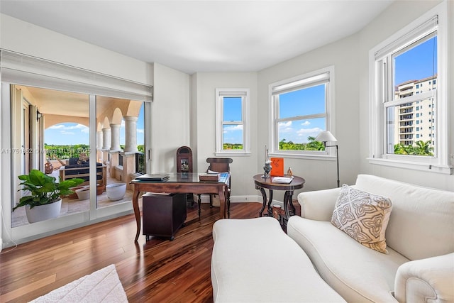 living area featuring wood finished floors and baseboards