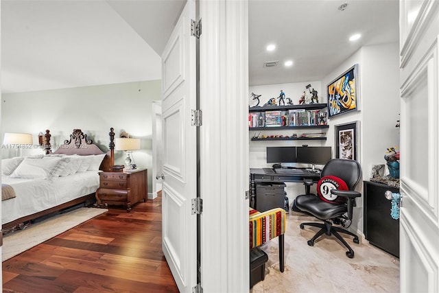 bedroom featuring recessed lighting, visible vents, and wood finished floors