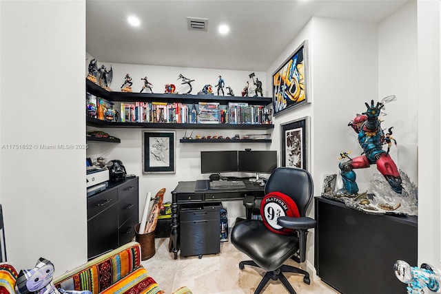 home office featuring recessed lighting and visible vents