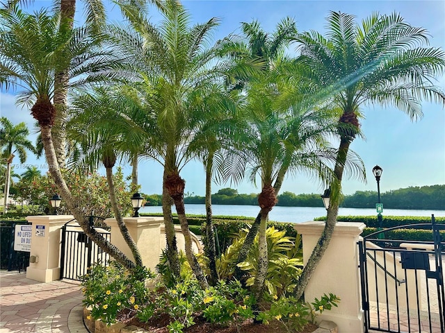 view of home's community with a gate, a water view, and fence