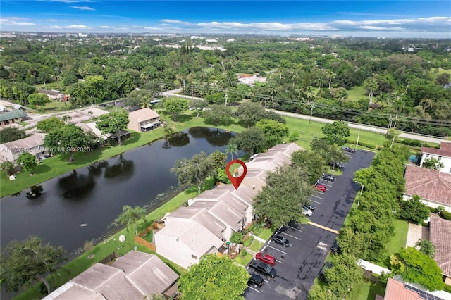 drone / aerial view featuring a water view